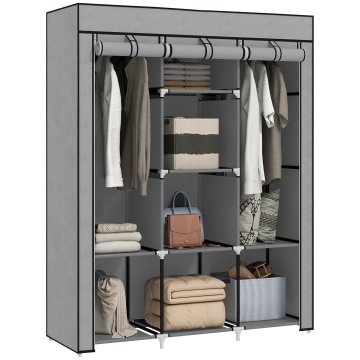 HOMCOM Garderoba iz tkanine z dvignjenim podnožjem, 8 polic in 2 palici, prostorsko varčna garderobna omara iz netkane tkanine, PP in jekla, za spalnico, 125x43x162.5 cm, svetlo siva