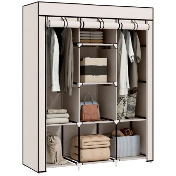 HOMCOM Omara iz tkanine z dvignjenim podnožjem, 8 polic IN 2 palici, prostorsko varčna omara iz netkanega tekstila, PP IN jeklo, za spalnico, 125x43x162.5 cm, krem