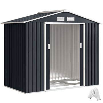 OUTSUNNY Vrtna lopa 2.5m² iz pocinkanega jekla s podstavkom in zračnimi odprtinami, orodjarna s poševno streho, dvojna drsna vrata z zaklepanjem, 213x130x185 cm, temno siva