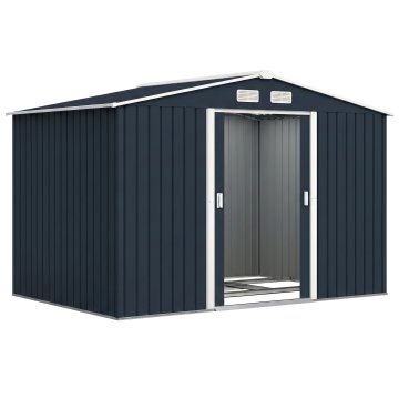 OUTSUNNY Vrtna hišica 4.9 m² s temelji, 4 zračniki in 2 drsna vrata, lopa za orodje iz jeklene pločevine, 277x195x192 cm, temno siva