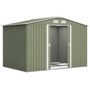OUTSUNNY Vrtna hiška 4.9 m² s temelji, 4 prezračevalne odprtine in 2 drsni vrati, lopa za orodje iz jeklene pločevine, 277x195x192 cm, zelena