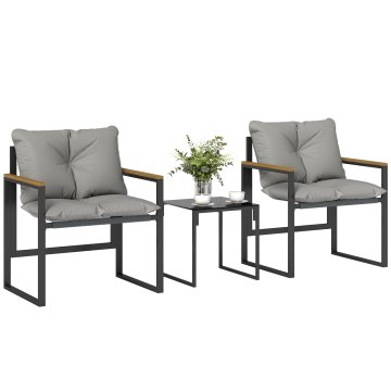 OUTSUNNY 3 Delni bistro set, vrtni set z 2 texteline stoloma, miza iz kaljenega stekla, debeli blazini, okrasni nasloni za roke, kovinski vrtni pohištveni set, za teraso in balkon, siva