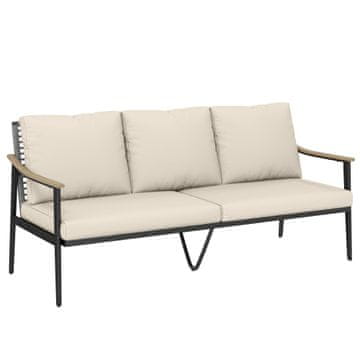 OUTSUNNY Zunanji 3-Sedežni divan iz PE ratana, zunanji divan z lesenimi ročaji, pralne blazine, jeklena konstrukcija, vrtni divan za teraso, patio in balkon, kaki