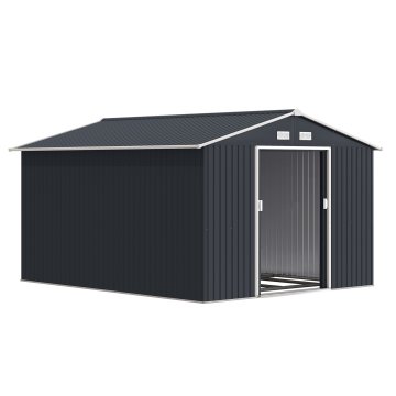 OUTSUNNY Vrtna hišica 8.3m² iz pocinkanega jekla s temeljnim kompletom, prezračevalne odprtine, vrtna lopa s poševno streho, dvojna drsna vrata zaklenljiva, orodjarna, siva