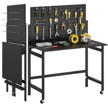 HOMCOM Zložljiva delovna klop 9cm, delovna miza s perforirano ploščo in 30 kavlji, kolesa, 115x62x143.5cm, debela plošča iz lesa, jeklena konstrukcija, garaža, delavnica in hiša, nosilnost 120Kg, črna