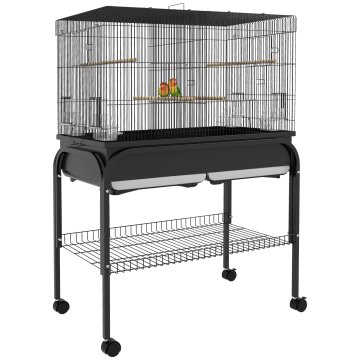 PAWHUT Kletka za ptice v notranjosti s pladnjem, polico in kolesi, voliera iz jekla za valovite papagaje, kanarčke, nimfe in papige, 85x49x119 cm, črna
