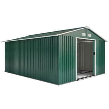 OUTSUNNY Vrtna hišica 12.4m² s temeljem, 4 zračne odprtine in 2 drsna vrata, lopa za orodje iz jeklene pločevine, 340x386x200 cm, rumena