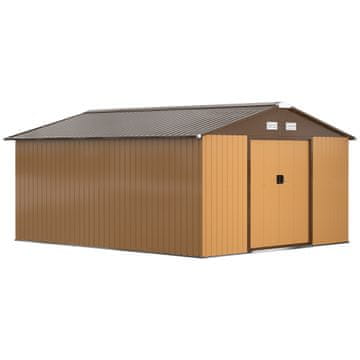 OUTSUNNY Vrtna hišica 12.4m² s temeljem, 4 zračnimi odprtinami in 2 drsnimi vrati, lopa za orodje iz jeklene pločevine, 340x386x200 cm, rumena