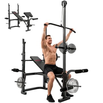 SPORTNOW Večnamenska nastavljiva telovadna klop s stojalom za palico, klop za preacher curl, nagnjena ravna klop za uteži z iztegovanjem noge, palica za lat pull down, domača telovadna oprema, črna