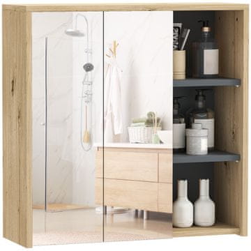 HOMCOM Kopalniško ogledalo z omarico z 2 vrati, 60x20x60 cm kopalniška omara z ogledalom, odprt prostor, stenska kopalniška omarica za prihranek prostora iz stekla, naravna barva