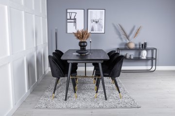 Venture Design Jedilna miza in komplet žametnih jedilnih stolov, miza 76x180x85 cm, stol 57x76,5x50 cm, črna