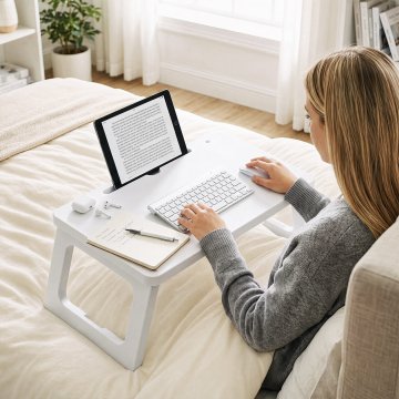 Costway Posteljni pladenj z zložljivimi nogami in režo za tablico, bel