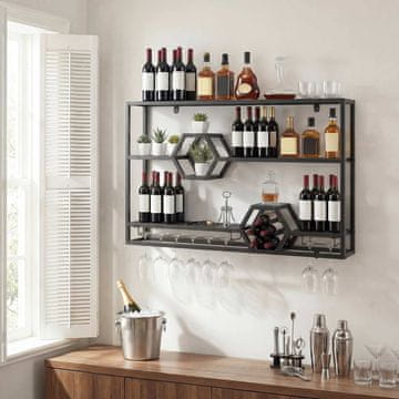Costway 3-nivojski kovinski stenski regal za vino s držalom za kozarce 120x cm črn