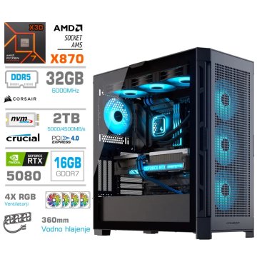 MEGA TWR S11 računalnik, AMD Ryzen 7-7800X3D, 32GB, SSD2TB, RTX5080, FreeDOS