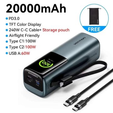 KJB 165W Power Bank 20000mAh Fast Charging Laptop & Phone Charger Prenosna baterija 20.000 mAh, do 165 W, siva, z vgrajenim kablom USB-C