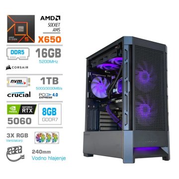 MEGA MT S8 računalnik, AMD Ryzen 5-9600X, 16GB, SSD1TB, RTX5060, FreeDOS