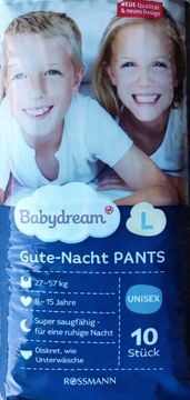 Plenice BABYDREAM, velikost L, 27–57 kg, uniseks, nočne, 10 kosov.