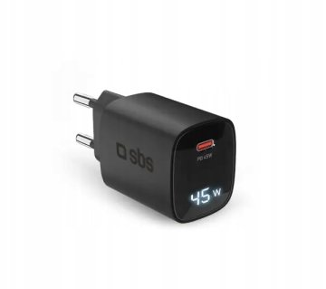 SBS Stenski polnilnik WALL GaN 45W LCD USB-C črne barve 1 kos.