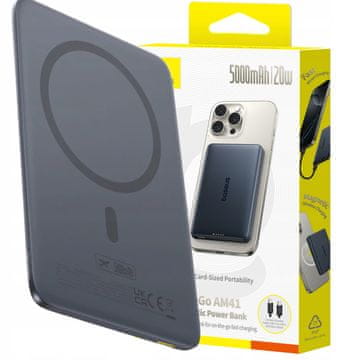 BASEUS hitra brezžična prenosna baterija 5000 mAh 20W, močna brezžična, USB-C, 1 kos.