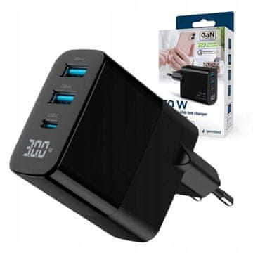 Gembird GaN hitri stenski polnilnik 3x USB 30W PD USB-C QC 3.0 LCD ČRN 1 kos.