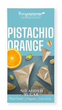 veganska čokolada s pistacijami in pomarančo brez sladkorja 60 g