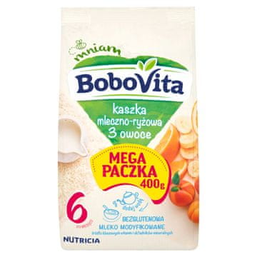 BOBOVITA mlečno-riževa kaša, brez glutena, 3 sadni dodatki, 6+ 400 g