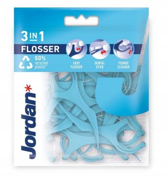 Jordan Zobna nitka Flosser z ročajem, 3 v 1, 50 kosov.