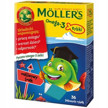 L&L Omega-3 Fish žele bonboni z okusom maline, prehransko dopolnilo 36 kosov.