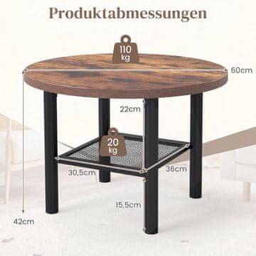 Northix Okrogla klubska mizica z dvonivojskim shranjevanjem in kovinskim okvirjem