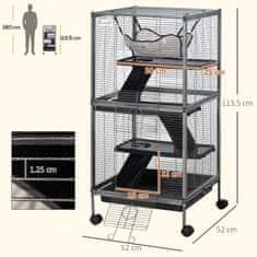 Kletka za male glodavce v jeklu, majhna kletka za morske prašičke in činčile s 3 nadstropji, 4 kolesi, mrežo in odstranljivim pladnjem, 52 x 52 x 113.5cm, srebrno siva