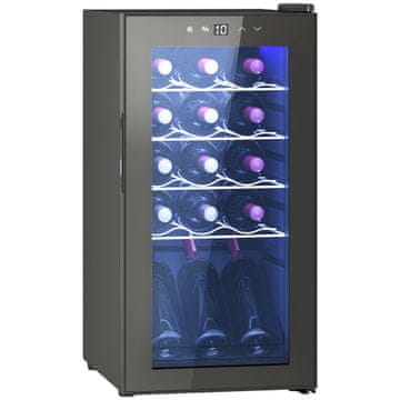 HOMCOM Vinski hladilnik 15 steklenic 44L enotemperaturna vinska klet 5-18Celsius vinski bar z UV zaščitnim steklom, kompresor, nastavljive police, zaslon na dotik, LED luči, energijski razred G, črna
