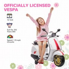 AIYAPLAY 12V električni motor za otroke 3-6 let z licenco vespa s kolesi, svetilko in glasbo, igrača motor iz PP in kovine, 107x47x73 cm, bela