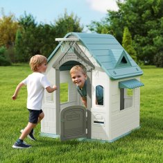 AIYAPLAY Casetta da giardino za otroke 5 v 1 s košarkarsko žogo, obroči, pikado, nogometna vrata, vrata in okna, hišica za igra za otroke 2-5 let v zaprtih prostorih, 132x118x124 cm, večbarvna