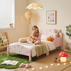 AIYAPLAY Montessori postelja za otroke 3-6 let, 146x76.5 cm enojna postelja za otroke s protipadničnimi ograjami in letveno mrežo, oblika pentlje iz lesa za otroško sobo, roza