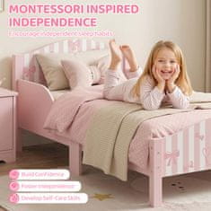 AIYAPLAY Montessori postelja za otroke 3-6 let, 146x76.5 cm enojna postelja za otroke s protipadničnimi ograjami in letveno mrežo, oblika pentlje iz lesa za otroško sobo, roza