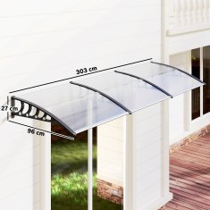 OUTSUNNY Nadstrešek za zunanjo uporabo 303x96cm, nadstrešek z nosilci iz polikarbonata in aluminijastimi palicami, za balkon, okna in vrata, prozoren