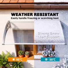 OUTSUNNY Zunanja nadstrešnica 110x60cm, nadstrešnica z nosilci iz polikarbonata in aluminijastimi palicami, za balkonska okna in vrata, siva in prozorna