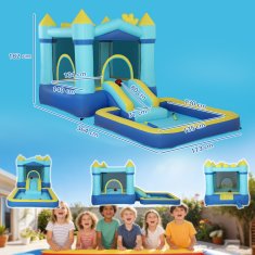 AIYAPLAY Napihljivi grad za otroke 4 v 1, tobogan, trampolin, bazen z žogicami/vodo, košarka, žoga, vodne pištole, puhalnik, torba za prenašanje, notranji in zunanji, 3-8 let, 364x173x182cm modra