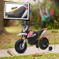 AIYAPLAY 12V APRILIA električni motor za otroke od 37 do 96 mesecev z dvojnimi motorji, električni motorček z odstranljivimi podpornimi kolesi, luči, USB vrata in glasba, 6 km/h, nosilnost 30 kg, bela