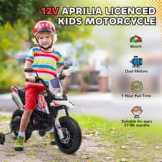 AIYAPLAY 12V APRILIA električni motor za otroke od 37 do 96 mesecev z dvojnimi motorji, električni motorček z odstranljivimi podpornimi kolesi, luči, USB vrata in glasba, 6 km/h, nosilnost 30 kg, bela