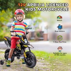 AIYAPLAY 12V aprilia električni motocikel za otroke od 37 do 96 mesecev z dvojnimi motorji, električni motor z snemljivimi podpornimi kolesci, žarometi, usb vrata in glasba, 6 km/h, nosilnost 30 kg, rumena