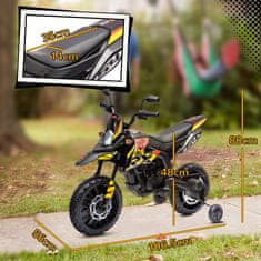 AIYAPLAY 12V aprilia električni motocikel za otroke od 37 do 96 mesecev z dvojnimi motorji, električni motor z snemljivimi podpornimi kolesci, žarometi, usb vrata in glasba, 6 km/h, nosilnost 30 kg, rumena