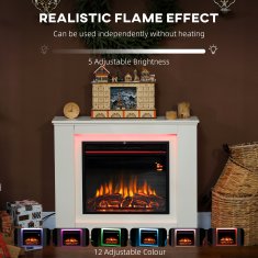 HOMCOM Camino elettrico da incasso effetto fiamma 3D realistico, 2000W caminetto elettrico silenzioso con luce 12 colori, termostato, riscaldamento regolabile, timer e telecomando, 30m2, bianco