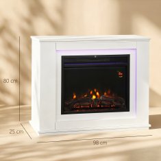 HOMCOM Camino elettrico da incasso effetto fiamma 3D realistico, 2000W caminetto elettrico silenzioso con luce 12 colori, termostato, riscaldamento regolabile, timer e telecomando, 30m2, bianco
