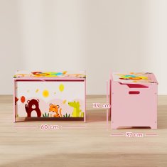 AIYAPLAY Otroška škatla za igrače, lesen zabojnik za igrače z varnostnimi tečaji, pohištvo za otroško sobo in dnevno sobo z živalskimi motivi, 60x37x39 cm, roza