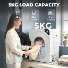 HOMCOM Mini prenosni sušilnik 3 kg, 5 programov, 1000W kompaktni sušilnik, sprednje polnjenje, do 60Celsius, skladljiv/samonosilen, časovnik, boben iz nerjavnega jekla, za dom, bela
