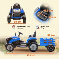 AIYAPLAY 2 V 1 električni traktor za otroke 3-8 let 12V s snemljivim priklopnikom, električno avto za jahanje za otroke s daljinskim upravljanjem, varnostnim pasom, glasbo, lučmi in klaksonom, modra
