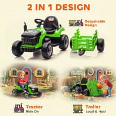 AIYAPLAY 2 V 1 električni traktor za otroke 3-8 let 12V z odstranljivo prikolico, električni jahalni avtomobil za otroke z daljinskim upravljanjem, varnostnim pasom, glasbo, lučmi in hupo, zelena