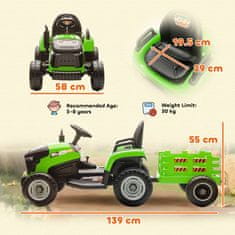 AIYAPLAY 2 V 1 električni traktor za otroke 3-8 let 12V z odstranljivo prikolico, električni jahalni avtomobil za otroke z daljinskim upravljanjem, varnostnim pasom, glasbo, lučmi in hupo, zelena