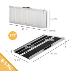 HOMCOM Prenosna rampa za invalidski voziček, 91x72 cm zložljiva protizdrsna rampa iz aluminija, nosilnost 270 kg, za stopnice, stopnišča, vrata in avto, srebrna
